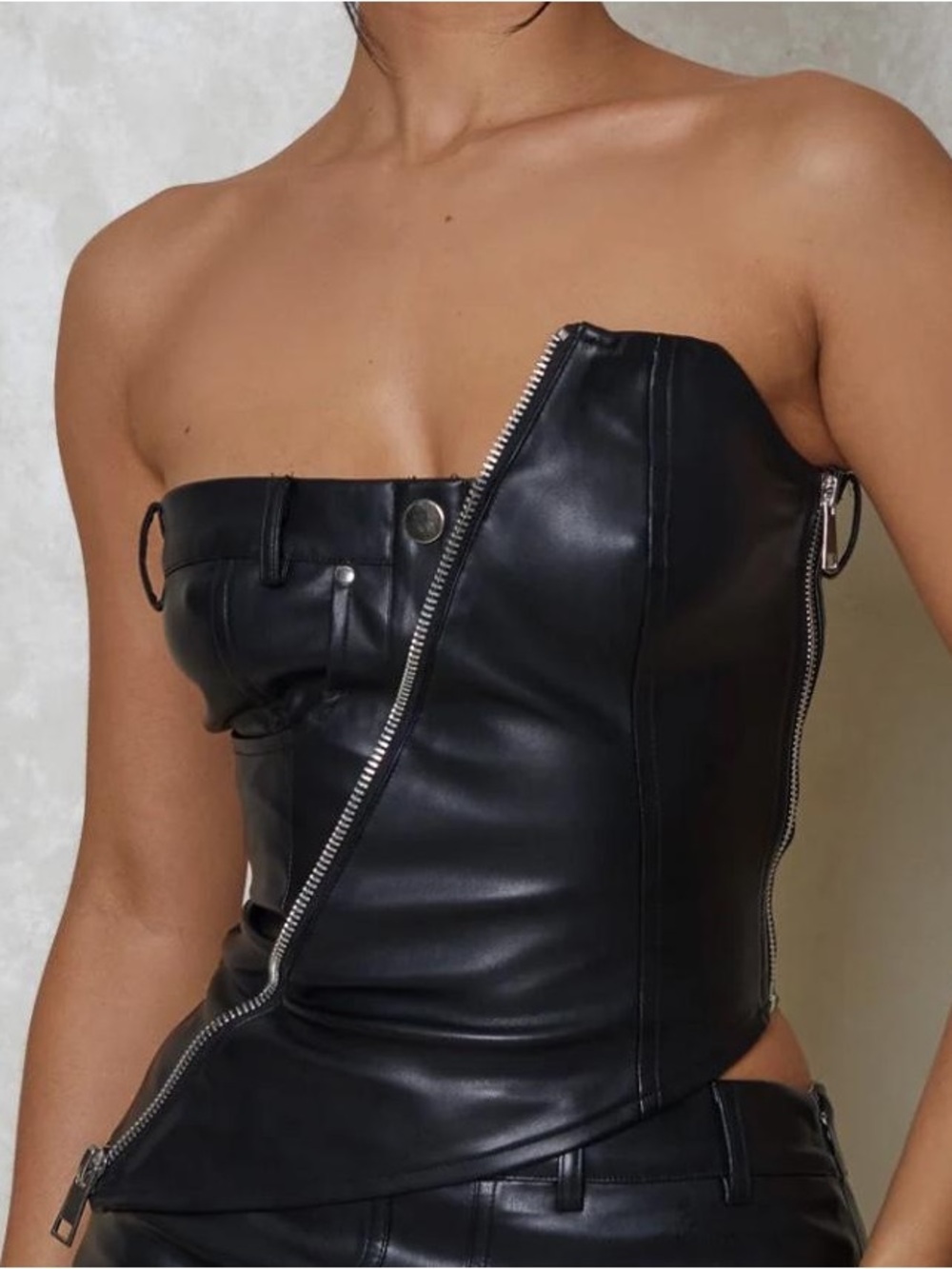 Mars The Label Asymmetric Zip Faux Leather Corset Top – Black UK SZ 4/ US 0